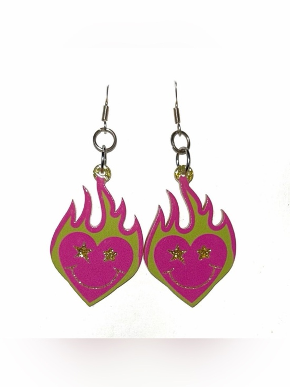 Pink & Green Flame Heart Drop Earrings